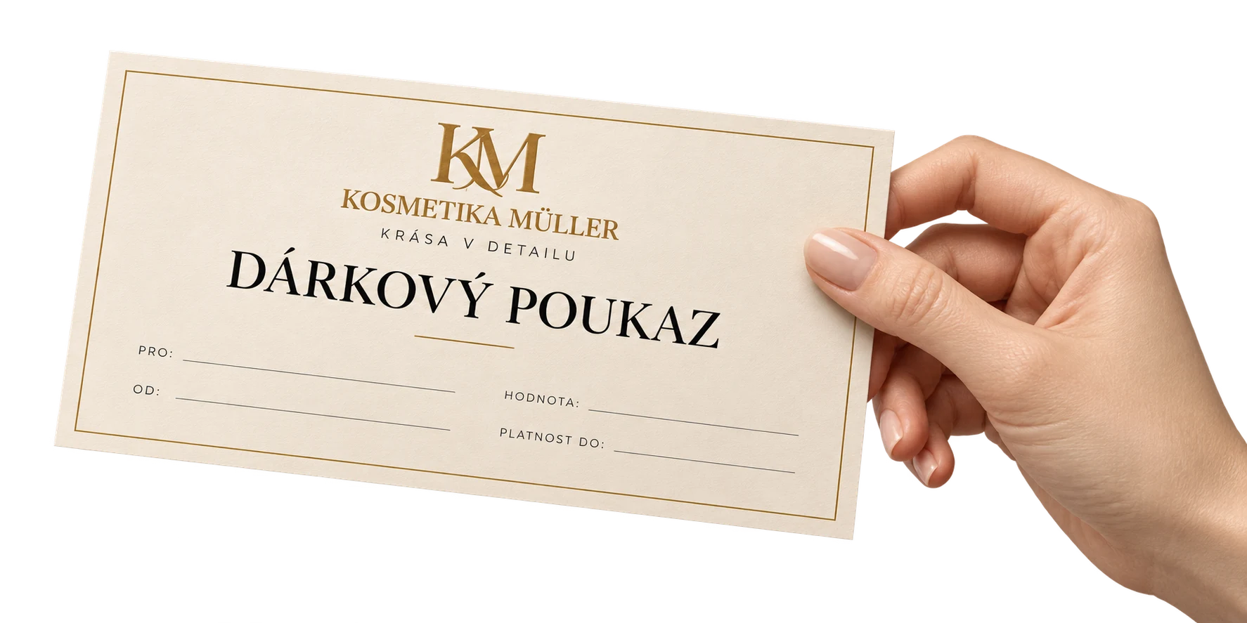 Ruka držící dárkový poukaz Kosmetika Müller